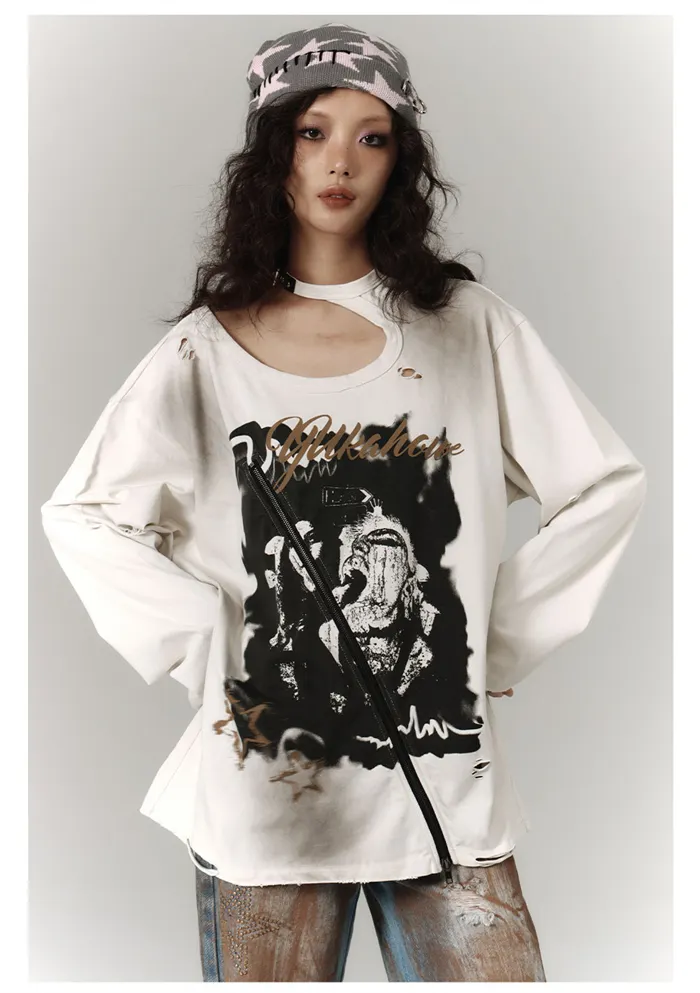 Retro Distressed Ripped Long Sleeves Tee Goth Grunge Y2K T Shirt