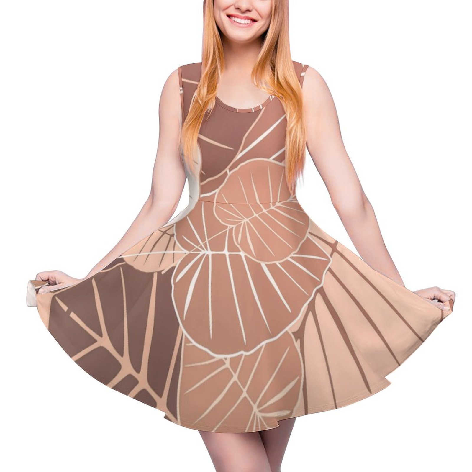 Simple Brown Autumn Leaves Foliage Background, Casual Flared Tank Dress Leaves-3XL