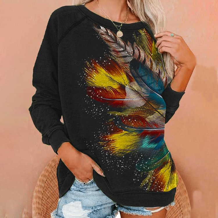 Vefave Casual Western Feather Print Sweatshirt