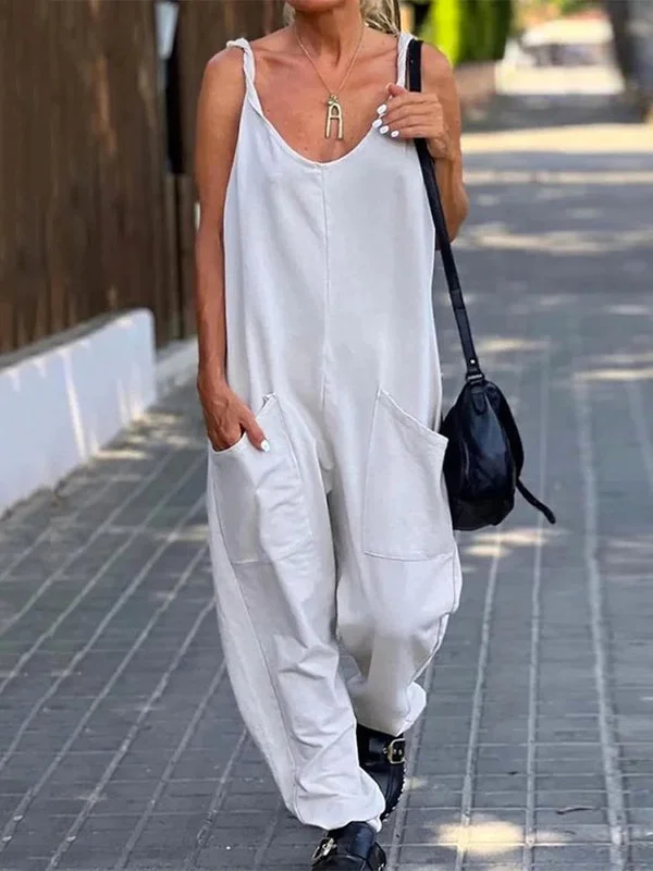 Roomy Sleeveless Pure Color Spaghetti-Neck Jumpsuits
