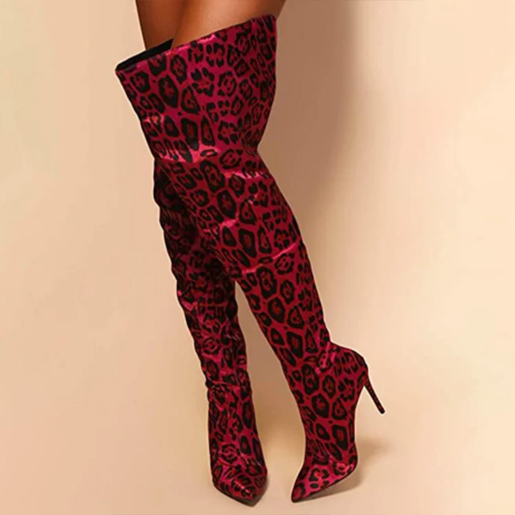Leopard Print Pointed Toe Stiletto Heel Over-the-knee Boots for Women |FSJ Shoes