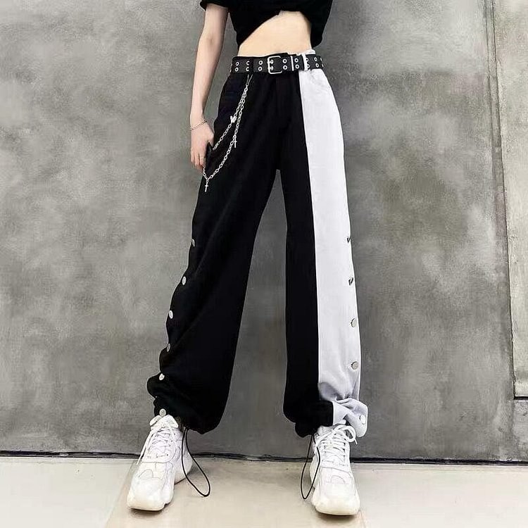Gothic Black White Splice High Waist Wide Leg Pants SP15192