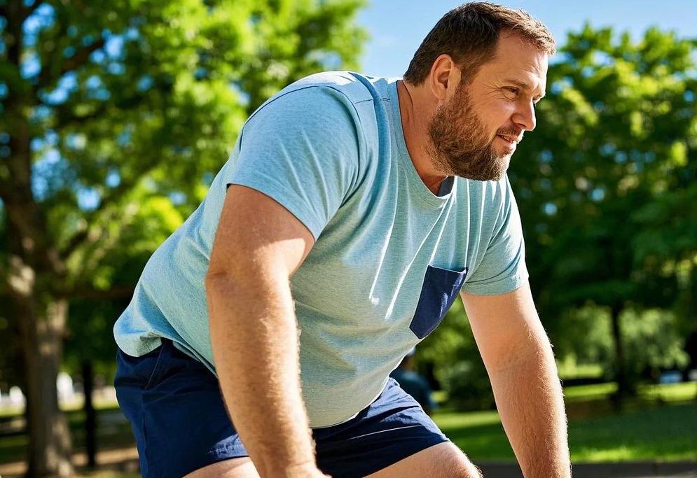 A big and tall man workout in two-piece set.