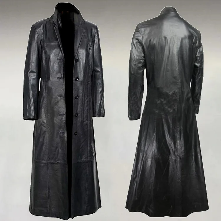 Men's Casual Outdoor PU Leather Lapel Collar Single Breasted Trench Coat