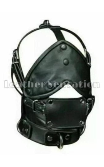 pornhint Pornhint Genuine Leather Face Muzzle Bondage Mask Head Harness Blindfold Hood Bondage