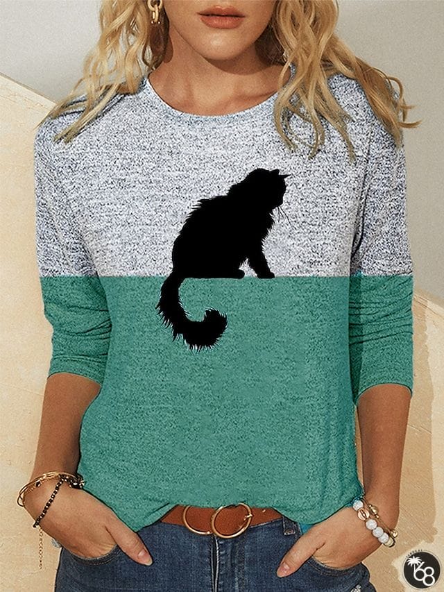 Womens Shirt Tee Wine Blue Camel Graphic Color Block Print Long Sleeve Casual Daily Basic | 168DEAL