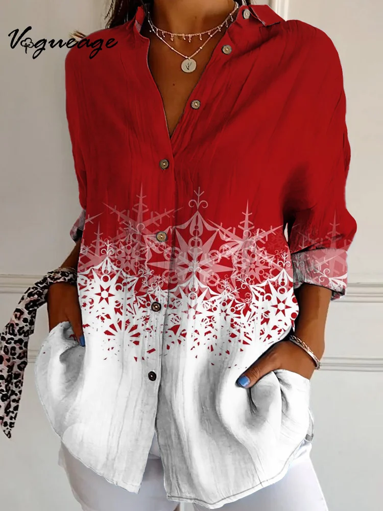 Snowflake Print Christmas Cotton And Linen Shirt