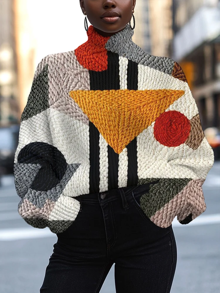 Women's Geometric Patterns Print High Neck Knit Sweatshirt