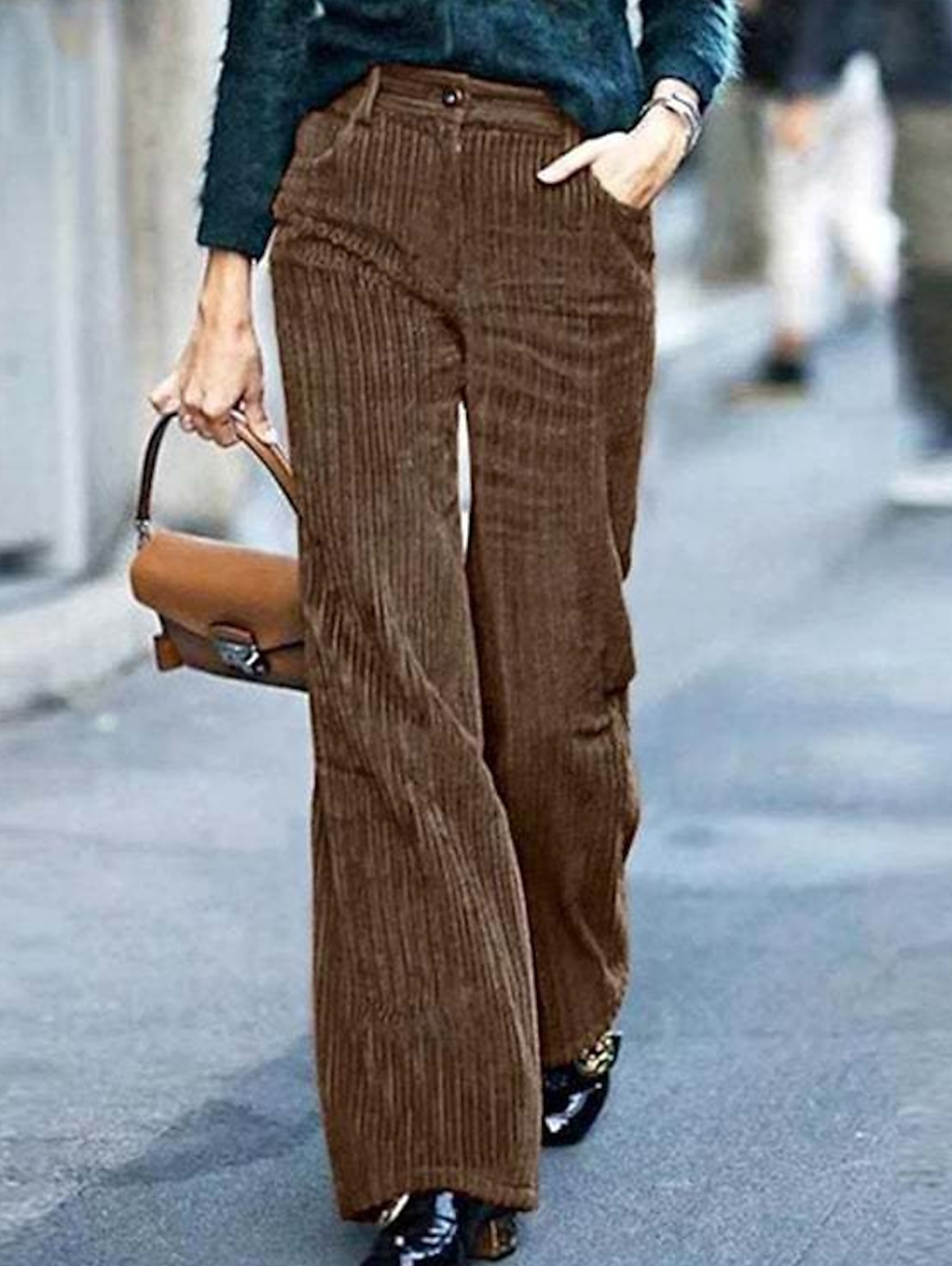 Daily Button Up Pocket Solid Green Corduroy Wide Leg Pants