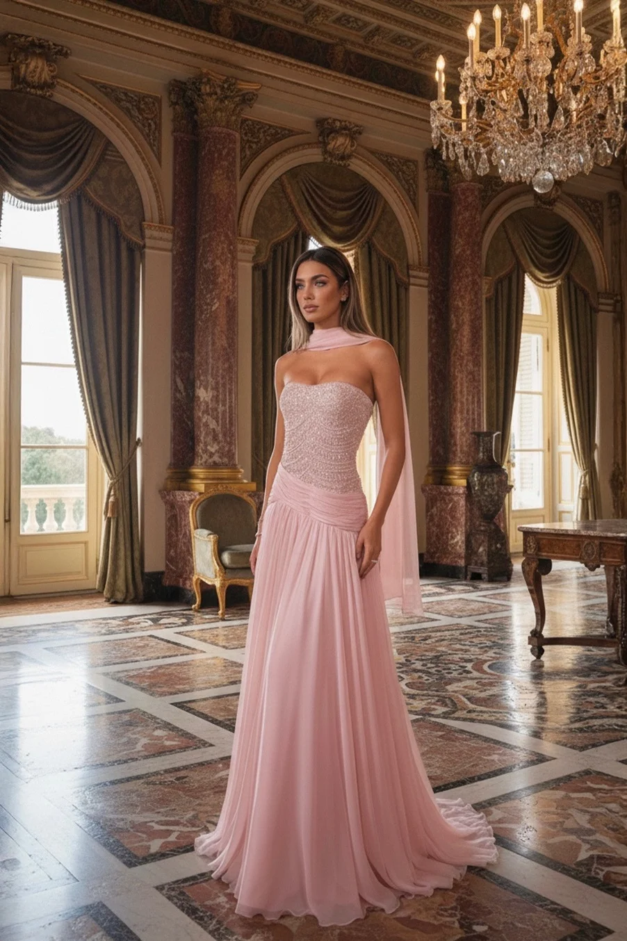 Chiffon Strapless Sleeveless High Waist Long A-Line Prom Dress With Pleated And Sequins | ZA0500 Wellcucu