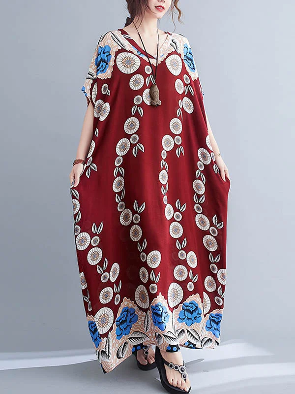 Artistic Red Stamped Super Roomy V-Neck Batwing Sleeve Dress