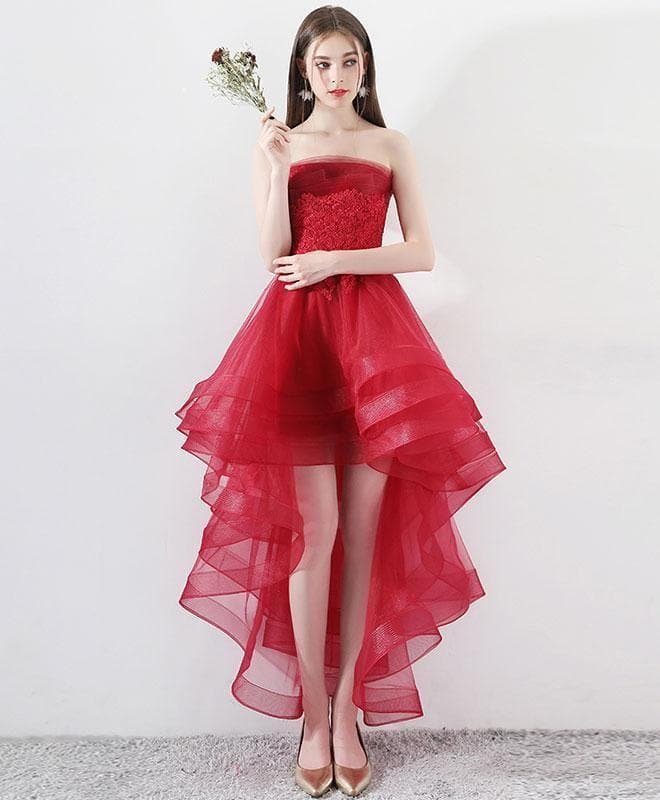 Burgundy Tulle Lace High Low Prom Dress, Burgundy Tulle Evening Dress
