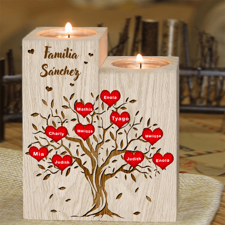 A Familia - Candelero de madera sin vela Árbol de la Vida Árbol Genealógico 10 nombres y 1 texto personalizados