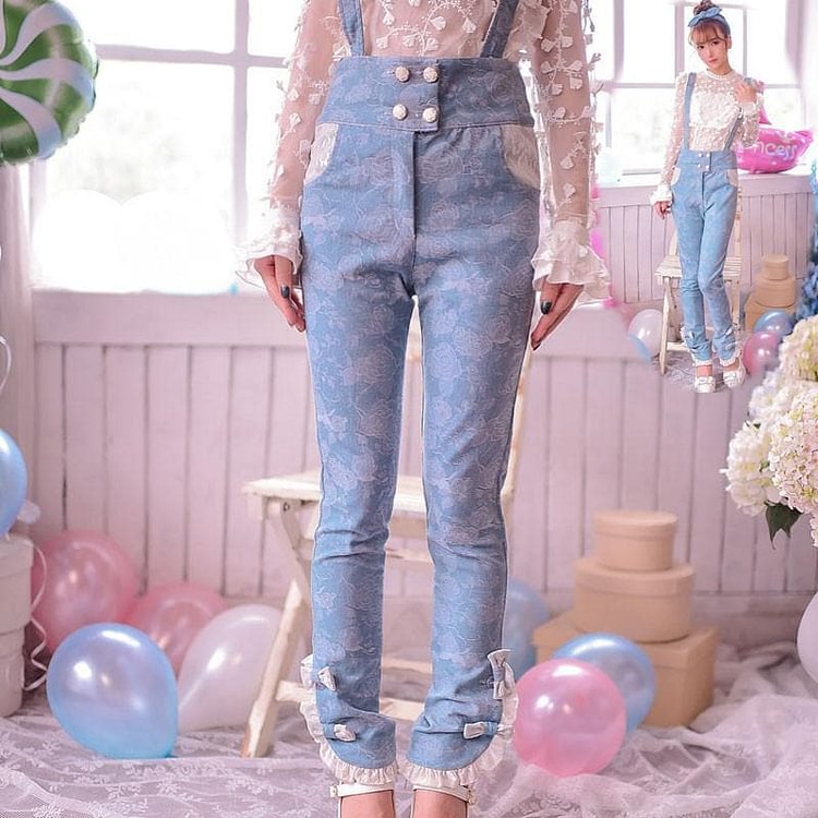 S/M/L Sweet Girl Lace Denim Jeans Strap Pants SP153418