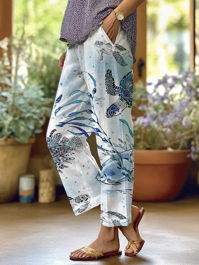 Women's Vacation Turtle Print Elastic Waist Straight Pants
