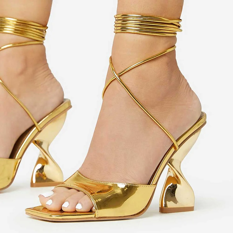 FSJ Gold Metallic Square-Toe Strappy Sandals with Twisted Heel |FSJ Shoes