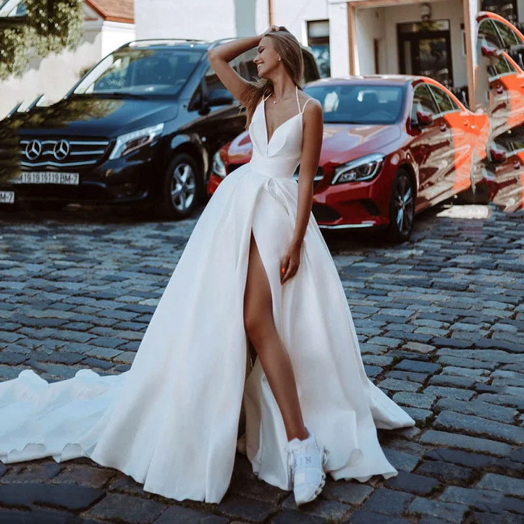 Womens Satin Strap Sexy Simple Wedding Dress