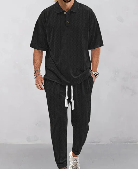 Casual Textured Polo Shirt & Drawstring Pants 2Pcs Set Okaywear