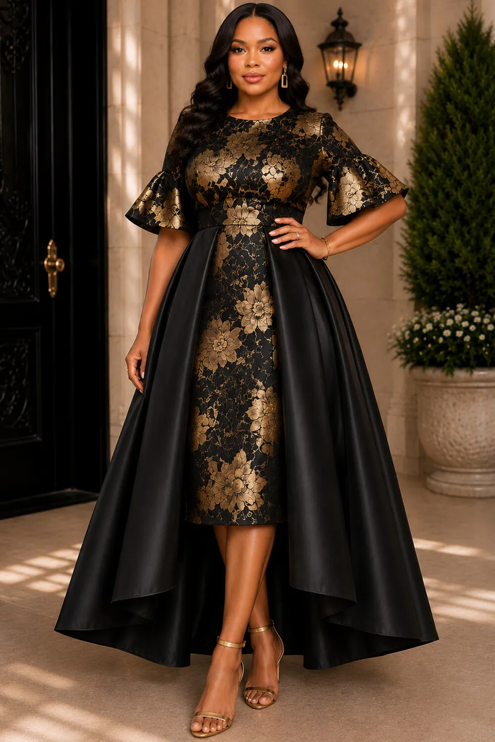black dress with gold foil print Xpluswear Design Plus Size Formal Round Neck Puff Sleeve Short Sleeve Skirt Overlay Satin Midi Dresses Colour: black