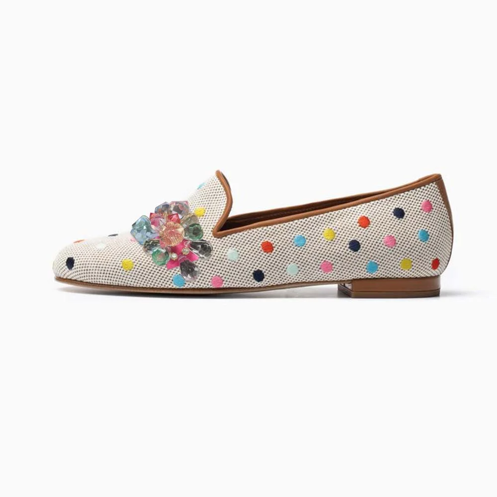 Multicolor Crystal & Polka Dot Decor Round Toe Flat Loafers Nicepairs