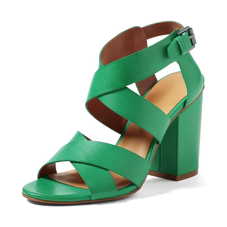 Green Vegan Open Toe Block Heel Sandals by VDCOO Vdcoo