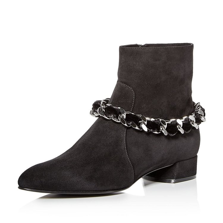 Black Suede Chain Block Heel Ankle Booties |FSJ Shoes