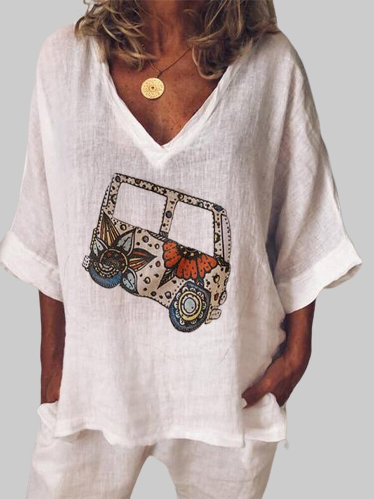 Cartoon Bus Print 3/4 Sleeve V neck Loose Blouse For Women P1706588