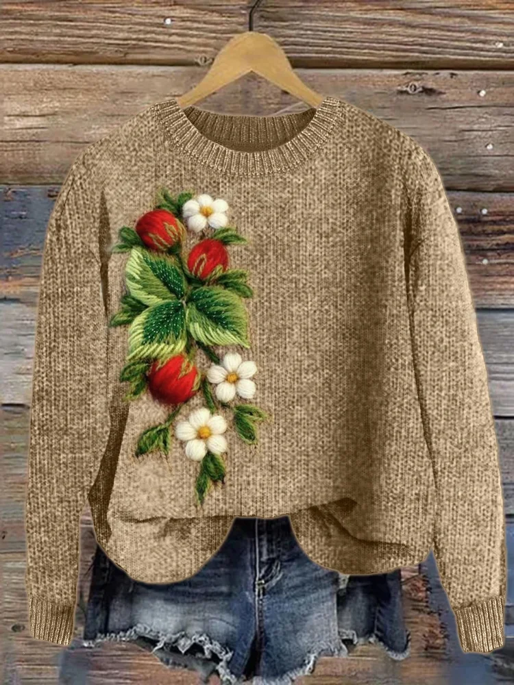 VChics Strawberry Floral Crochet Cozy Knit Sweater