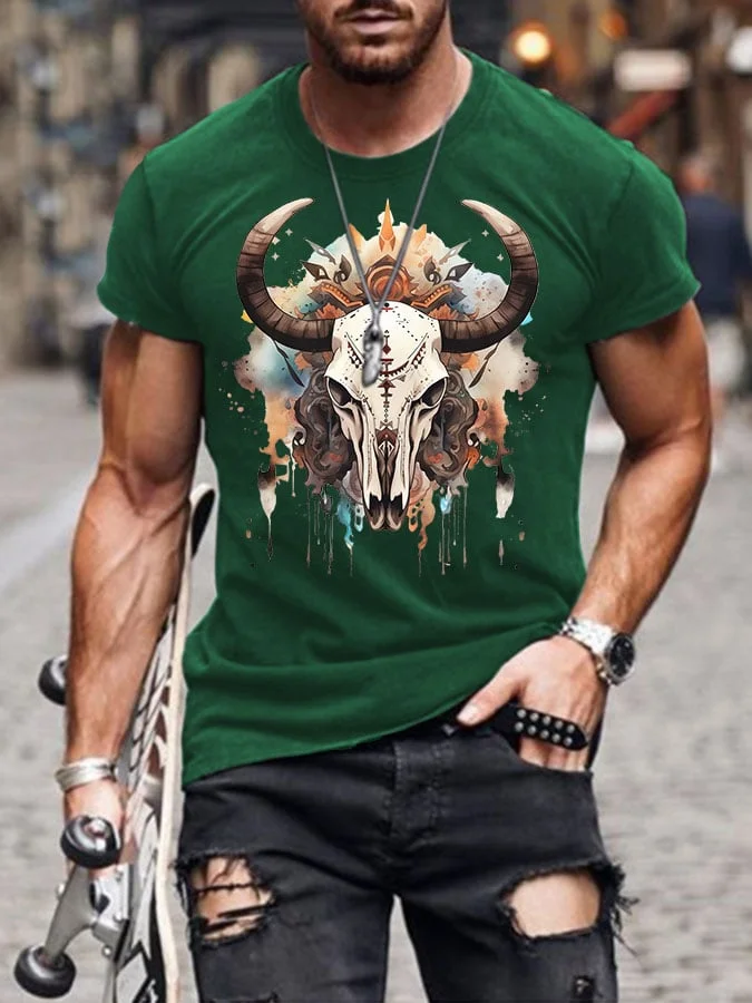Men's Western Cow Skull Print T-Shirt