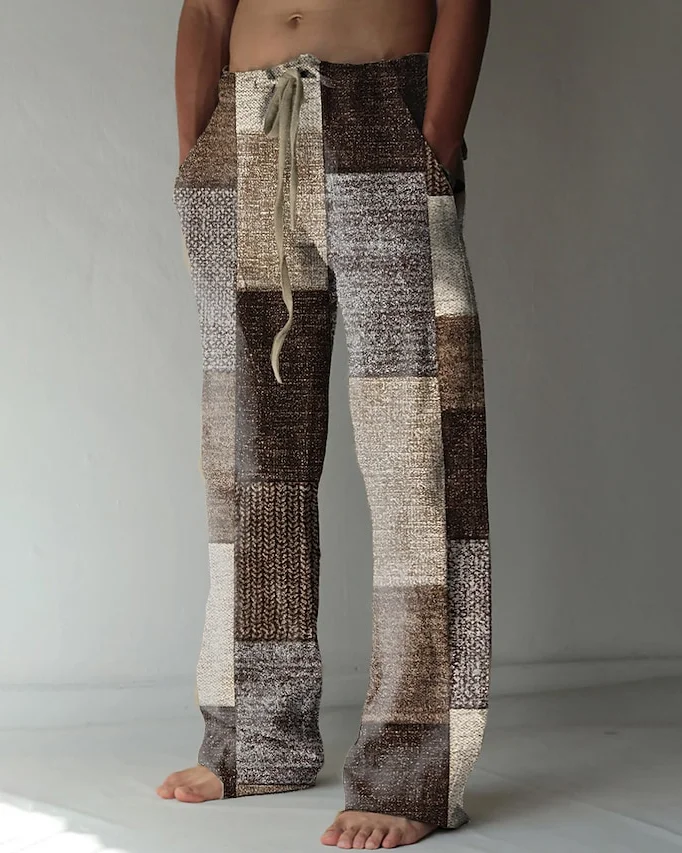 Suitmens Men's Ethnic Plaid Cotton Linen Trousers 11