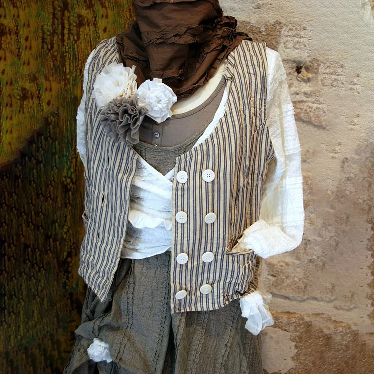 Vintage Stripes Cotton Linen Button Comfy Vest