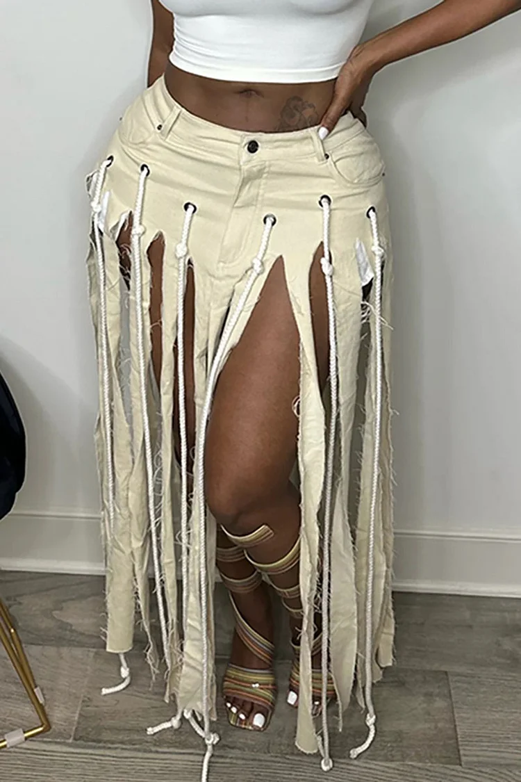 High Waist Fringed Slit Pocket Maxi Skirt