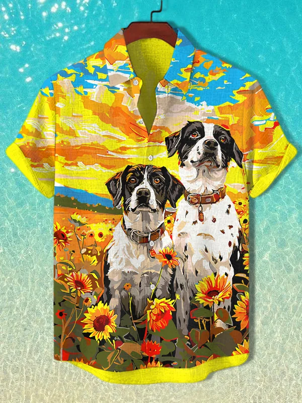 Men's Shepherd Dogs Sunflower Sunset Scenery Oil Painting Print Casual Shirt
