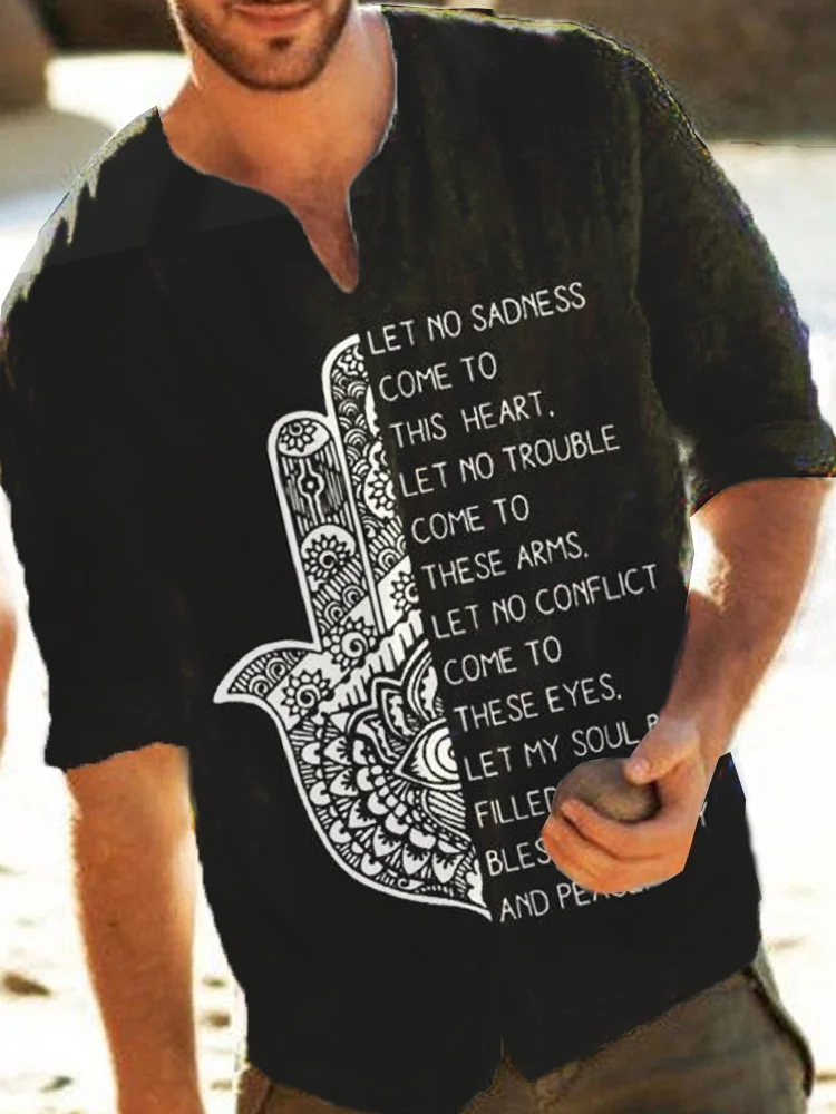 Men's printed cotton linen long sleeved shirt