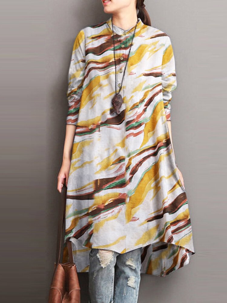 Vintage Print Button High-low Long Sleeve Stand Collar Dress