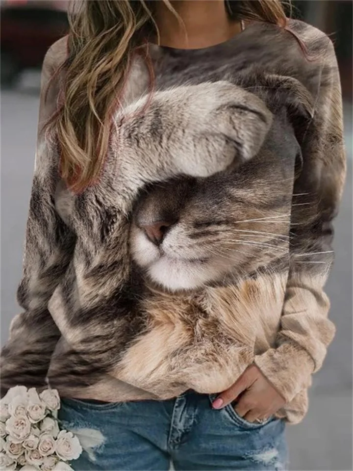Women's Long Sleeve 3D Abstract Pattern Cat Round Neck T-Shirt Women's Tops