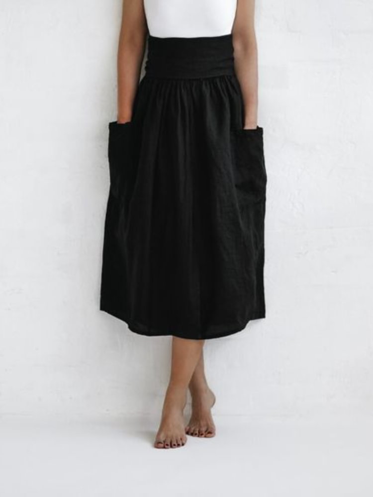 Patch Pocket High Waist Linen Cotton Skirt