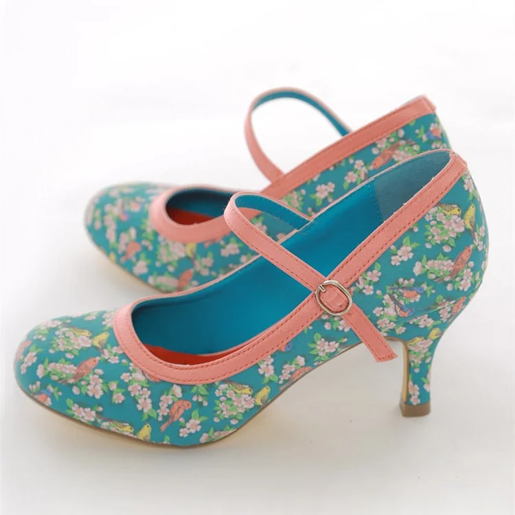 Birds and Flowers Mary Jane Floral Heels Pumps Vdcoo