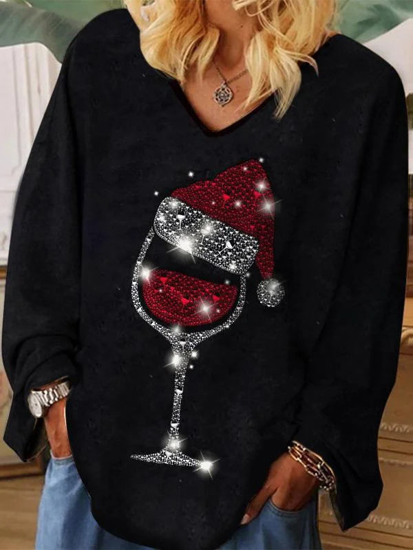 Shiny Glass Christmas Hat Graphic V-neck Long Sleeve Tee socialshop