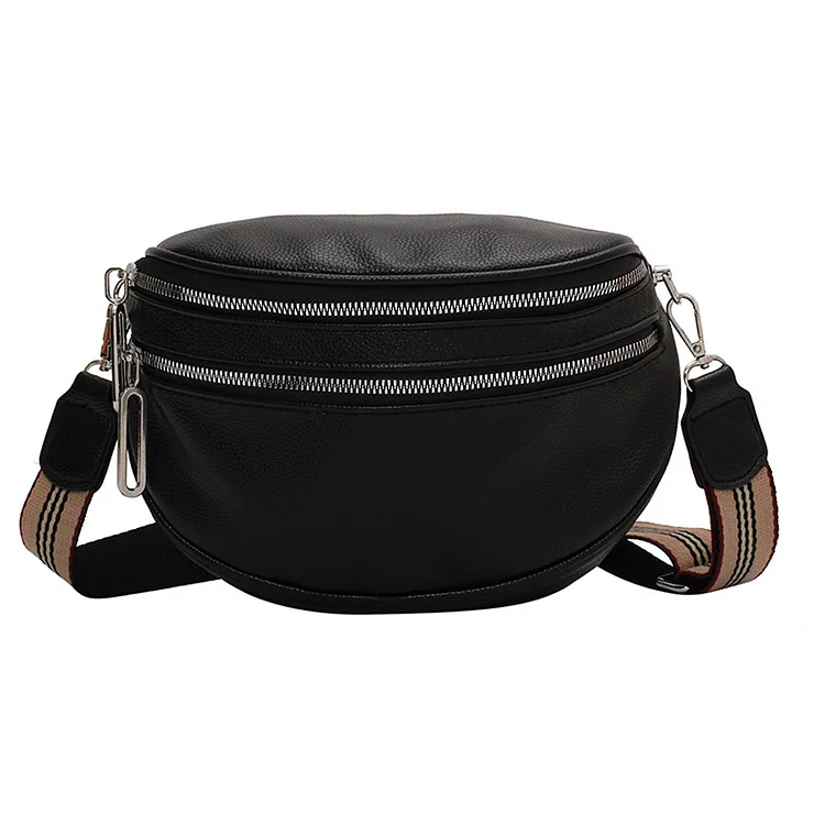 Multi-Pocket Chest Bag Women Leather Solid Crossbody Saddle Purse (Black)