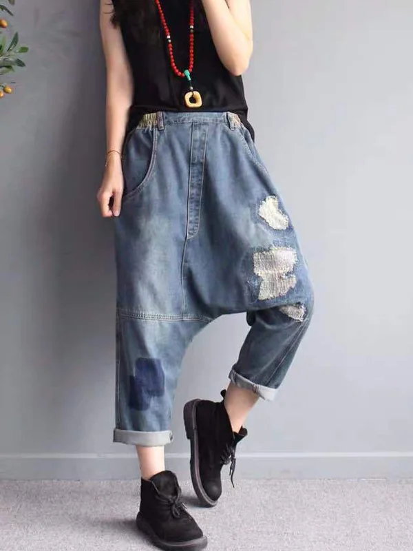 Loose Solid Color Ripped Jeans Pants