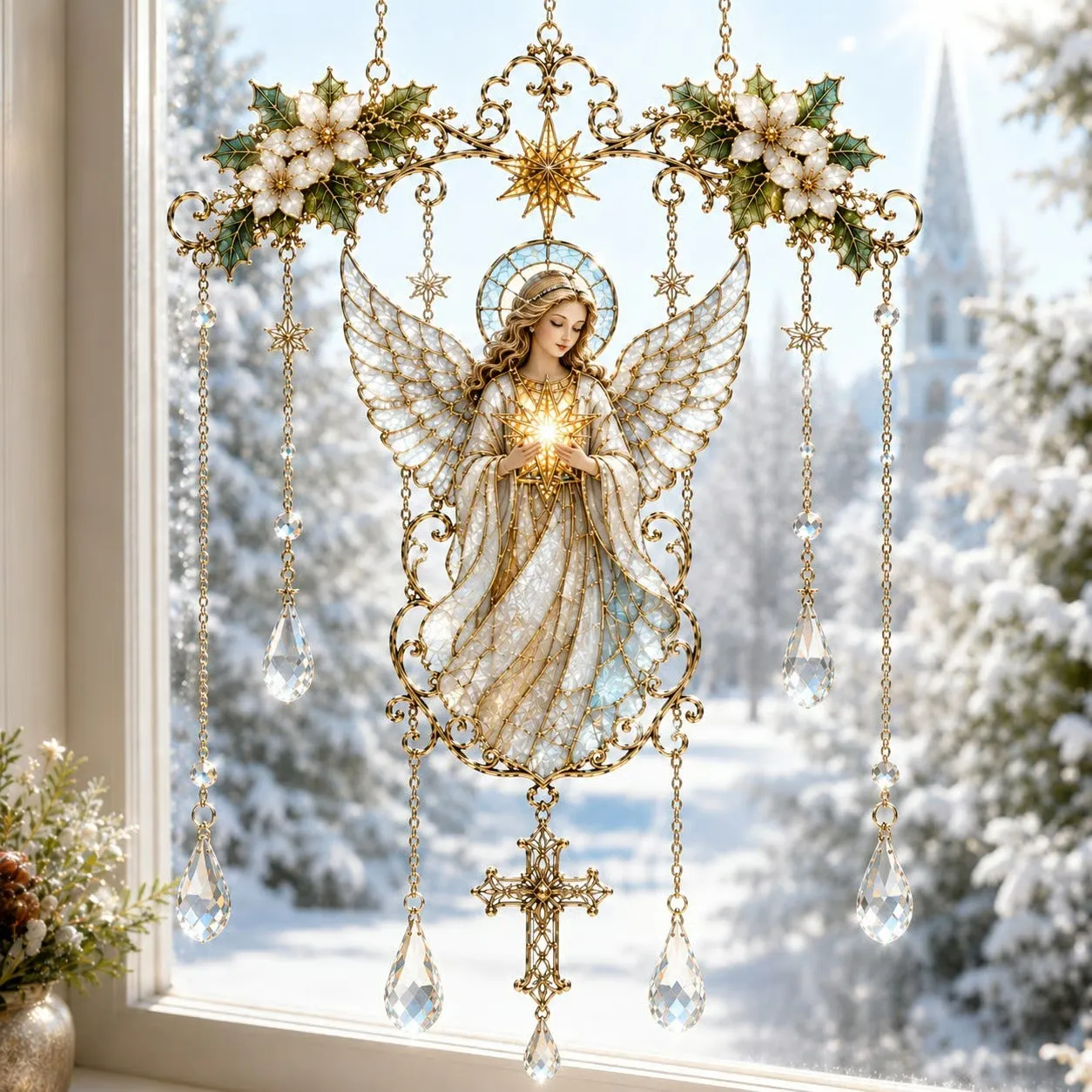 ✝️ Faith-Themed Stained-Glass Style Acrylic Suncatcher – Angel and Cross