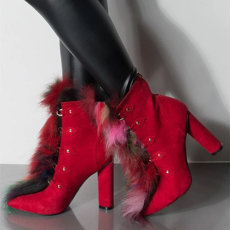 Red Vegan Suede Chunky Heel Booties Lace Up Faux Fur Ankle Boots |FSJ Shoes