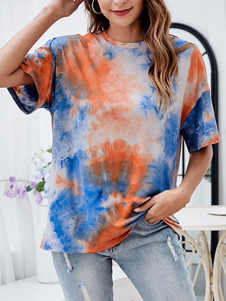 Tie Dye Loose Short Sleeve O neck T Shirt For Women P1840411