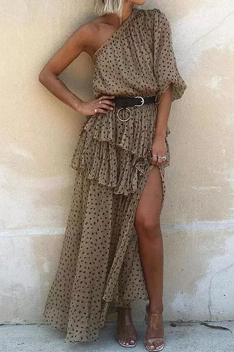 KarliDress Oblique Shoulder Polka Dot Tiered Ruffle Dress P12666