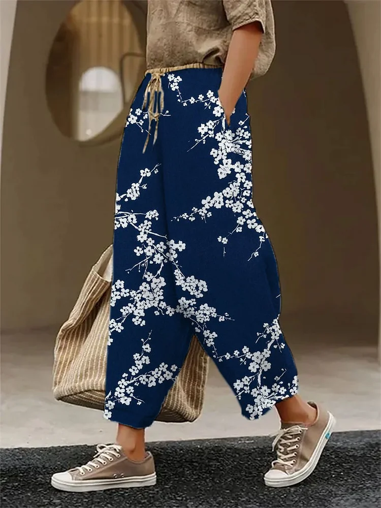 Women's Blue Plum Blossom Art Print Casual Wide Leg Pants socialshop