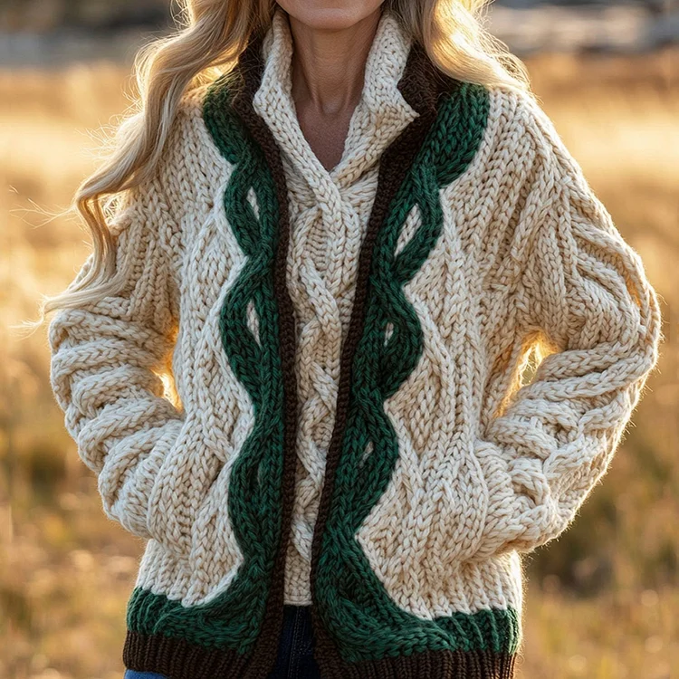 Women's Contrast Wave Pattern Pocket Cardigan Aran Sweater