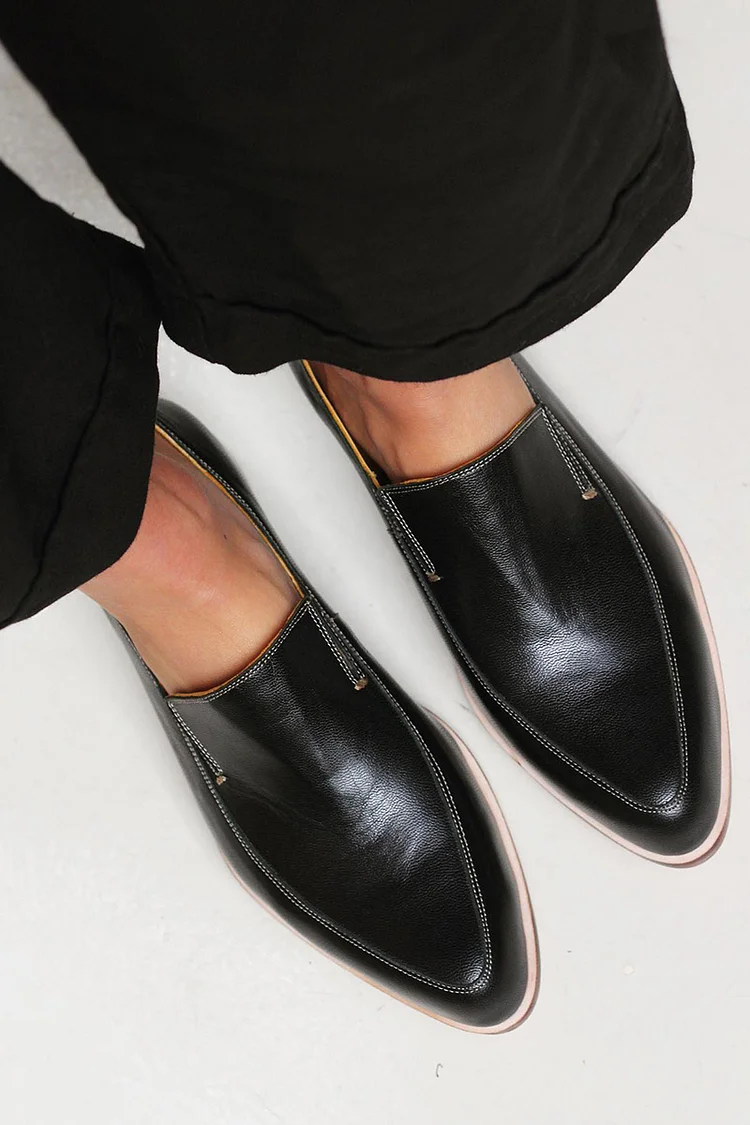 Daily Seam Pointy Toe Plain Color Black Loafers