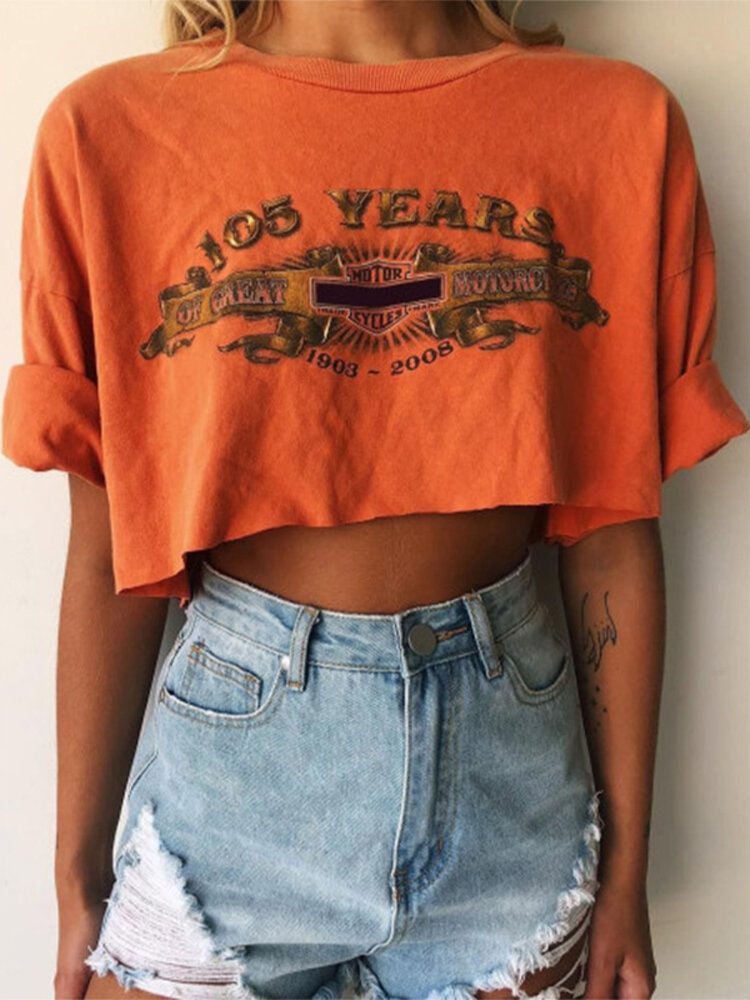Letters Printed O Neck Short Sleeve Casual Crop Top P1710064