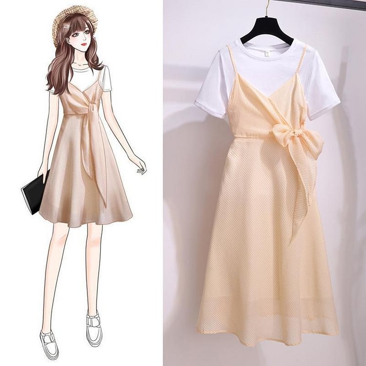 White Basic Tee+Bow-Knot Dress P16382